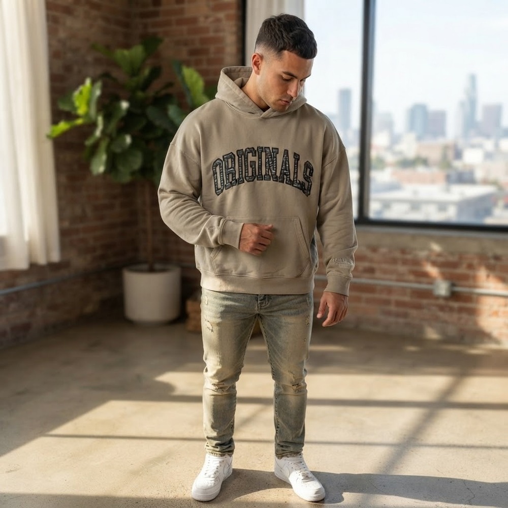 Brooklyn Cloth Originals Men's Size S Beige Fleece Hooded Pullover Sweatshirt